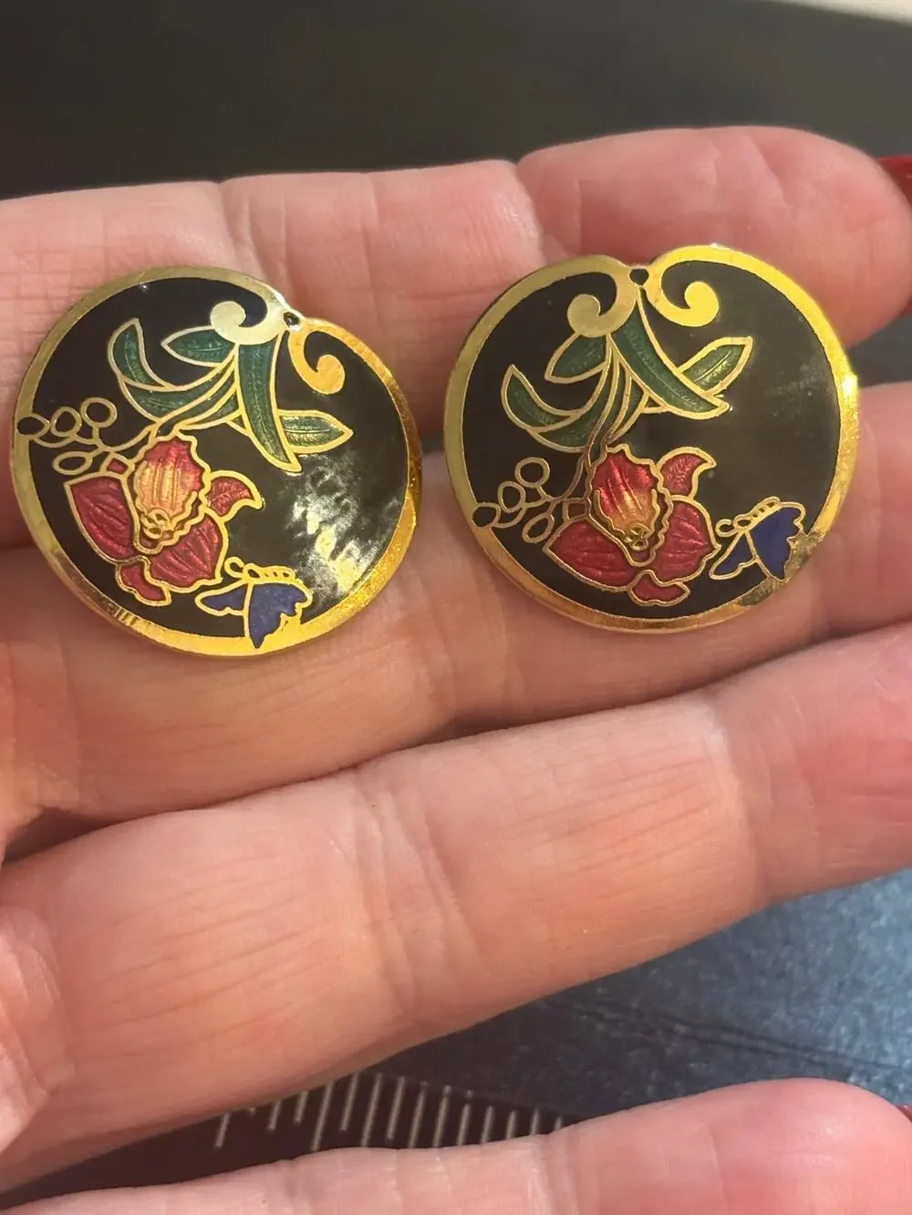 Vintage Cloisonné Floral Black Enamel Clip On Earrings
